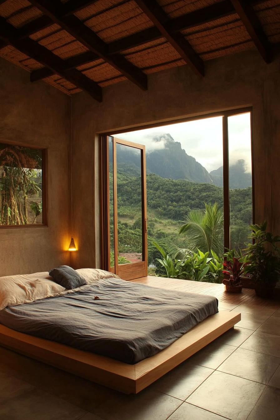 modern zen style bedroom with low profile bed large window overlooking tropical mountains 2