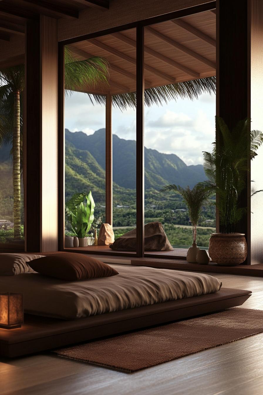 modern zen style bedroom with low profile bed large window overlooking tropical mountains 3