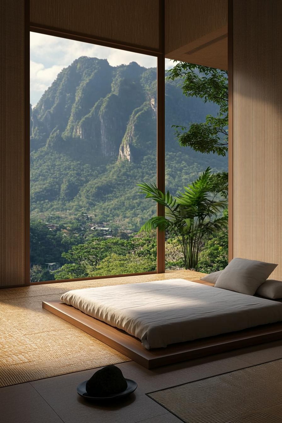 modern zen style bedroom with low profile bed large window overlooking tropical mountains