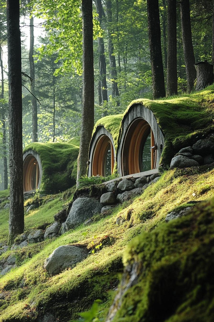 mountain forest glade with mossy hillside modern hobbit houses 1