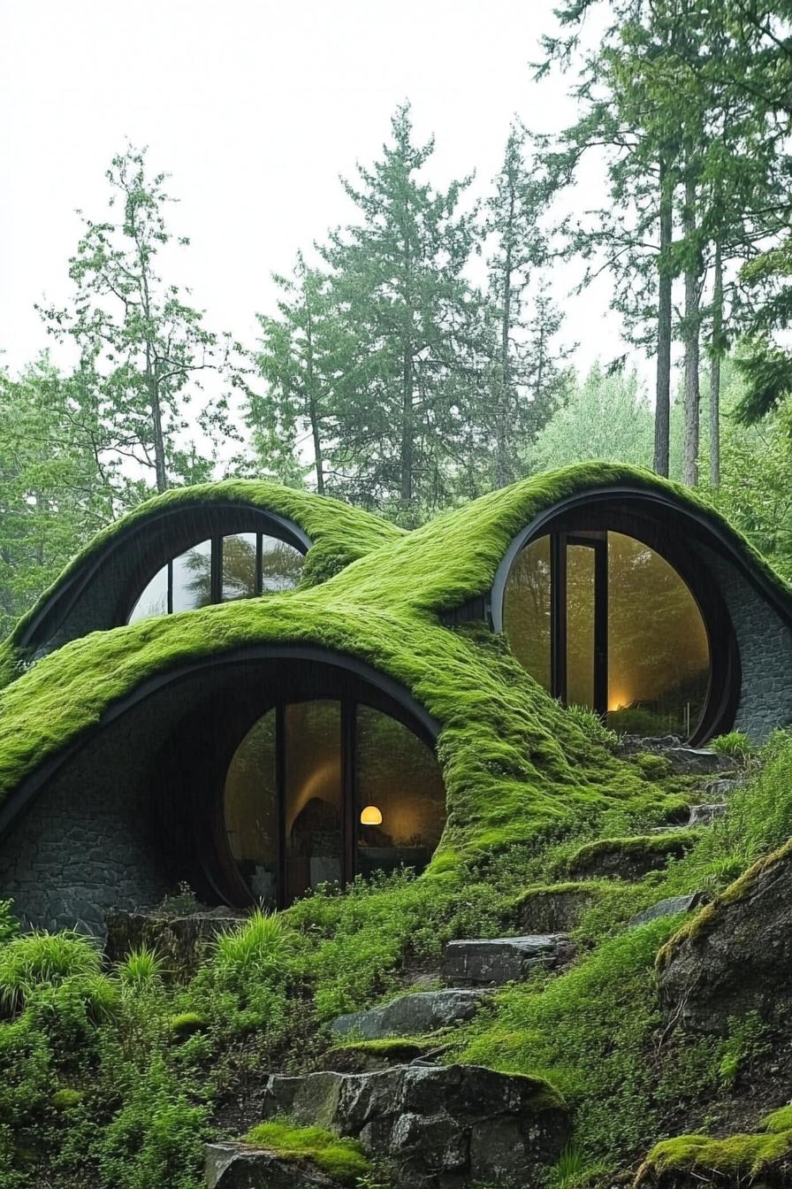 mountain forest glade with mossy hillside modern hobbit houses 2