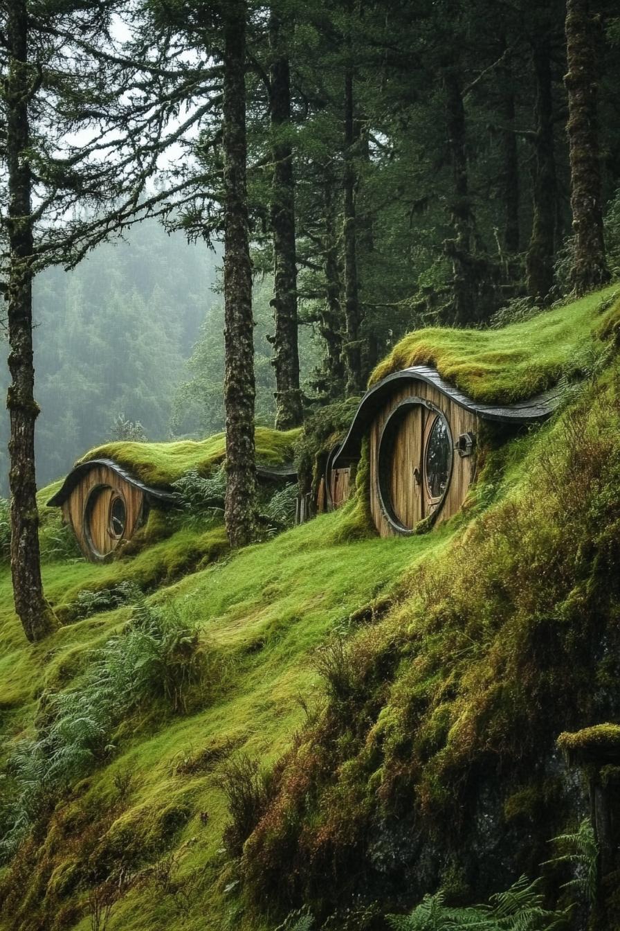 mountain forest glade with mossy hillside modern hobbit houses 3