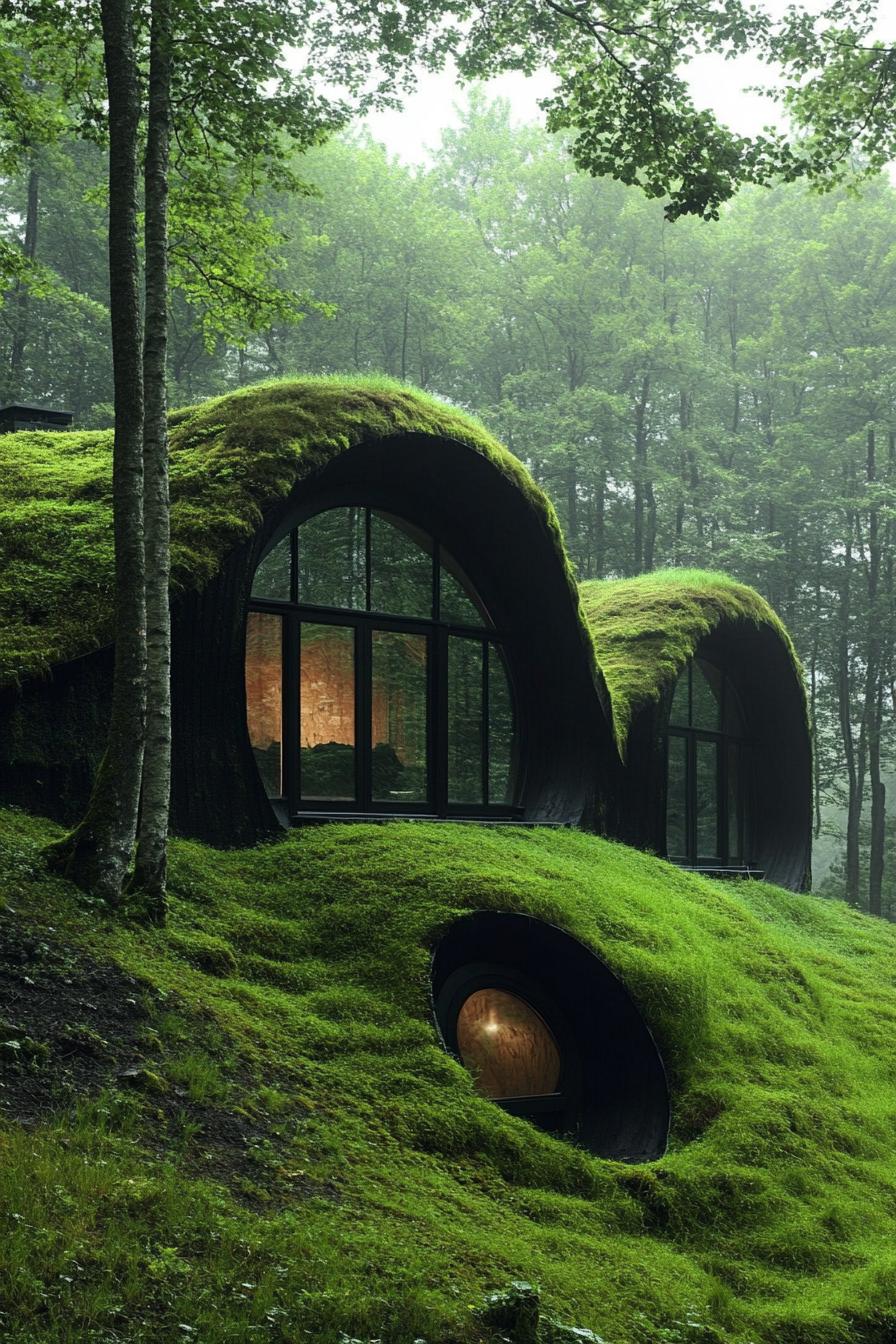 mountain forest glade with mossy hillside modern hobbit houses