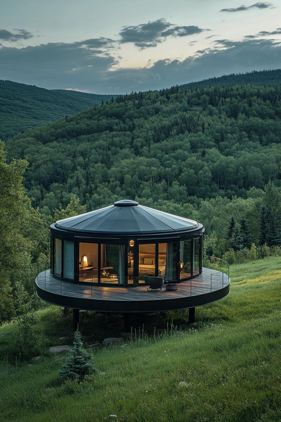 prefab glass nad matte black steel round yurt on a large platform in a green valley 1