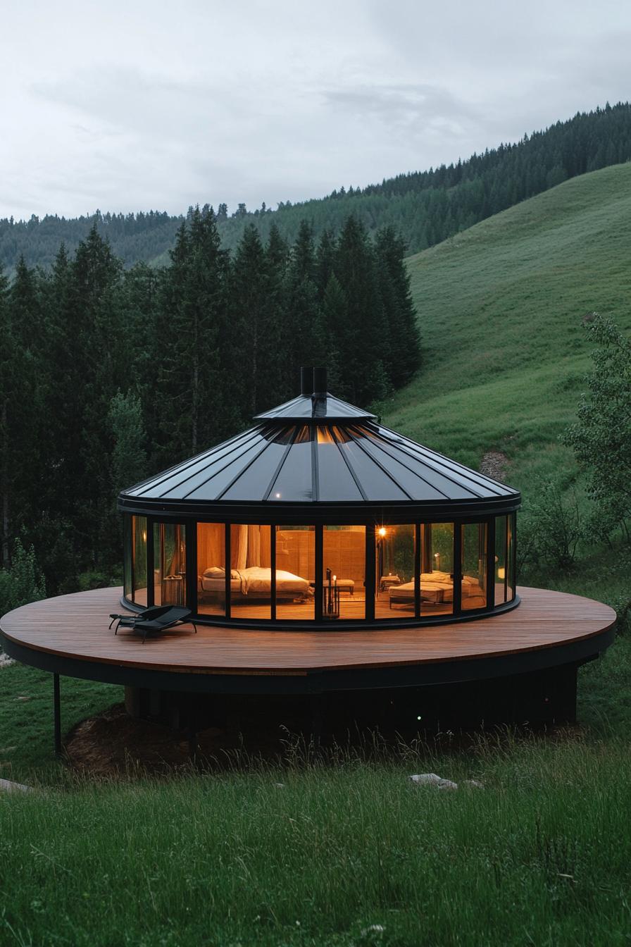 prefab glass nad matte black steel round yurt on a large platform in a green valley 2