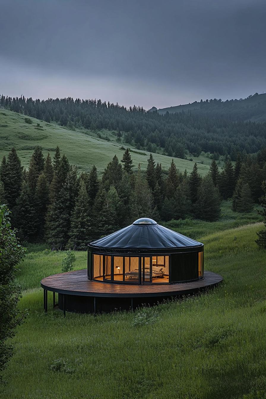 prefab glass nad matte black steel round yurt on a large platform in a green valley 3