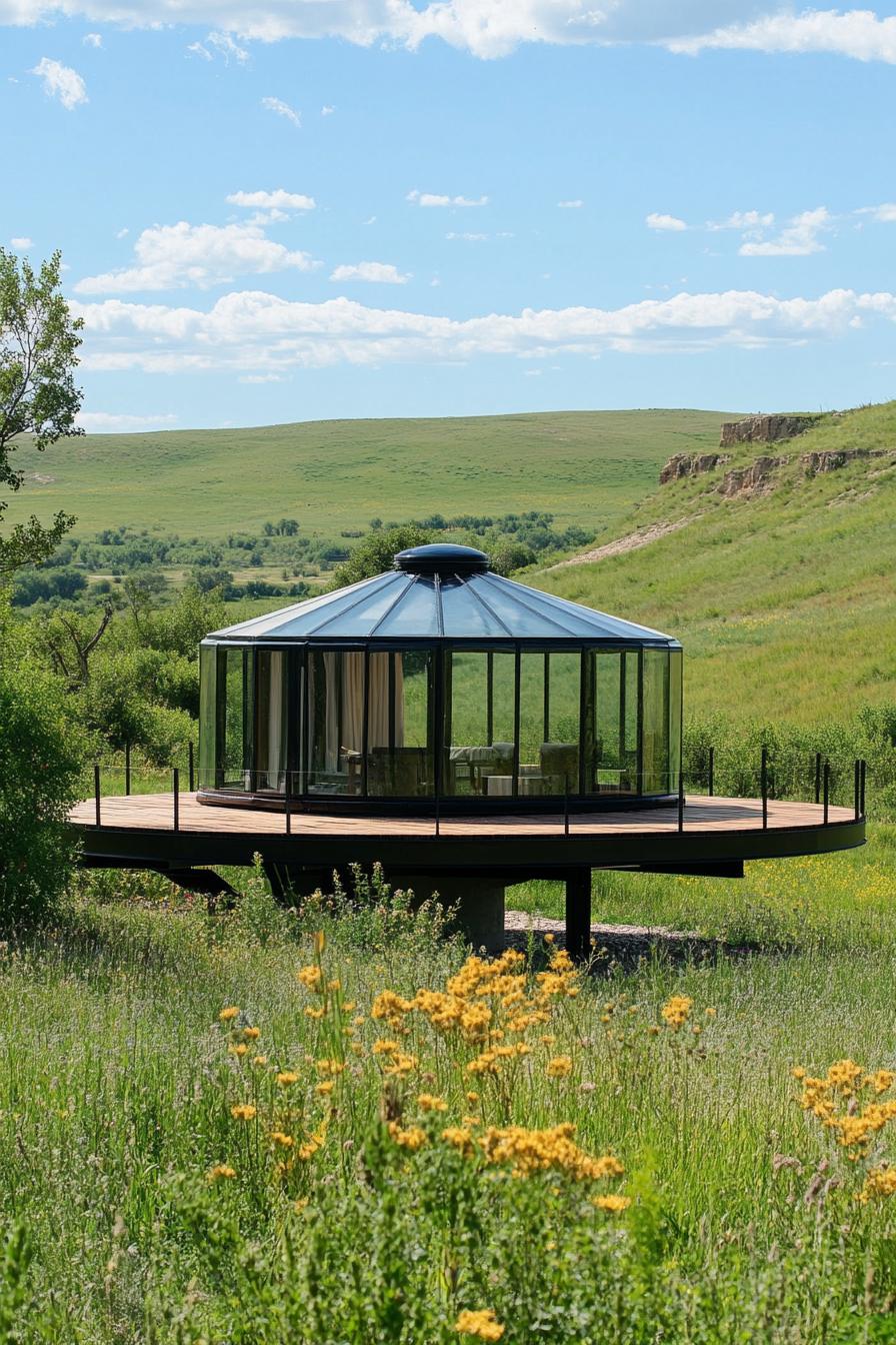 prefab glass nad matte black steel round yurt on a large platform in a green valley