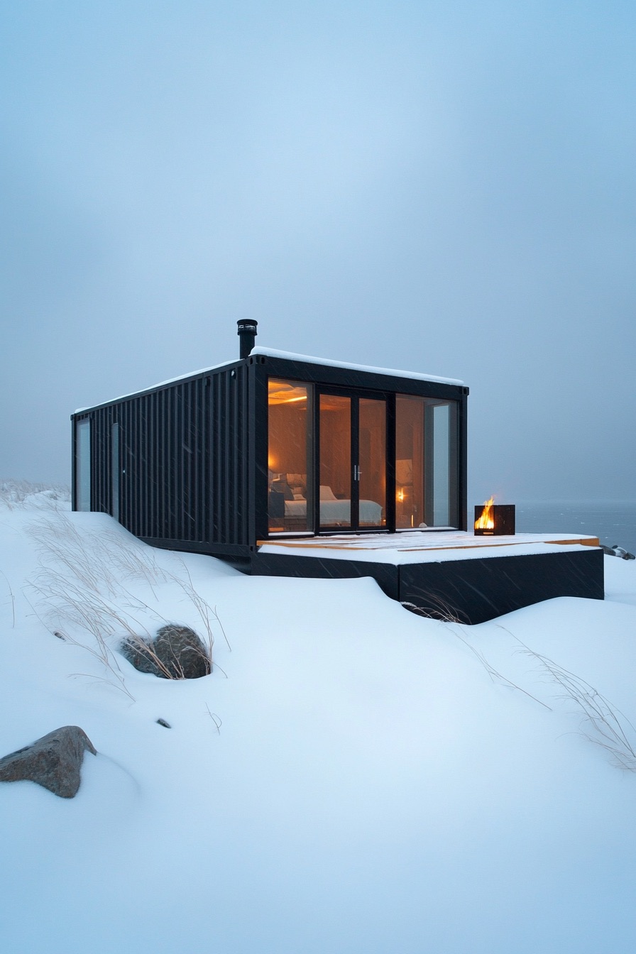 shipping container cabin winter 2