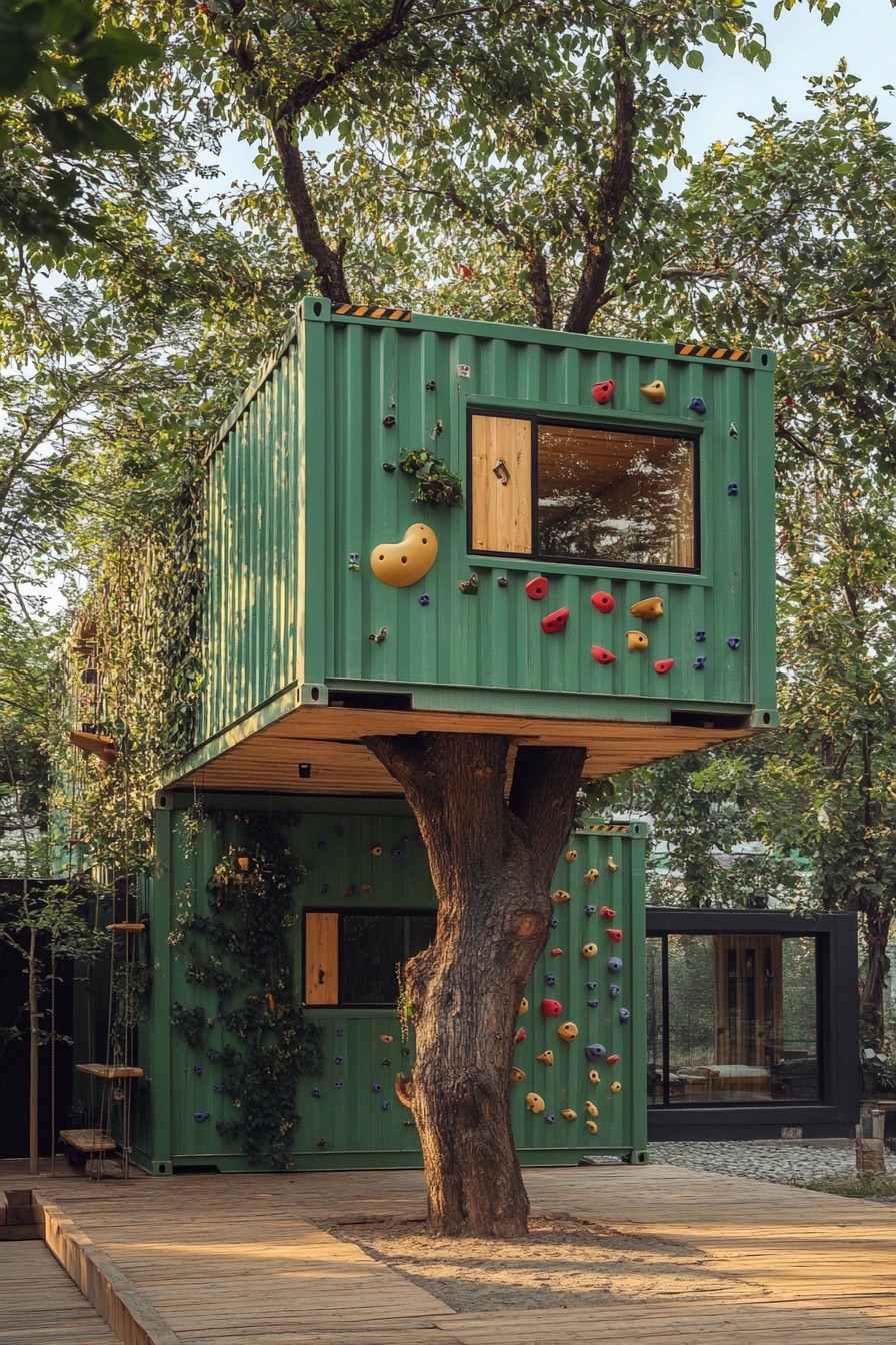 shipping container cabin climbing walls 1