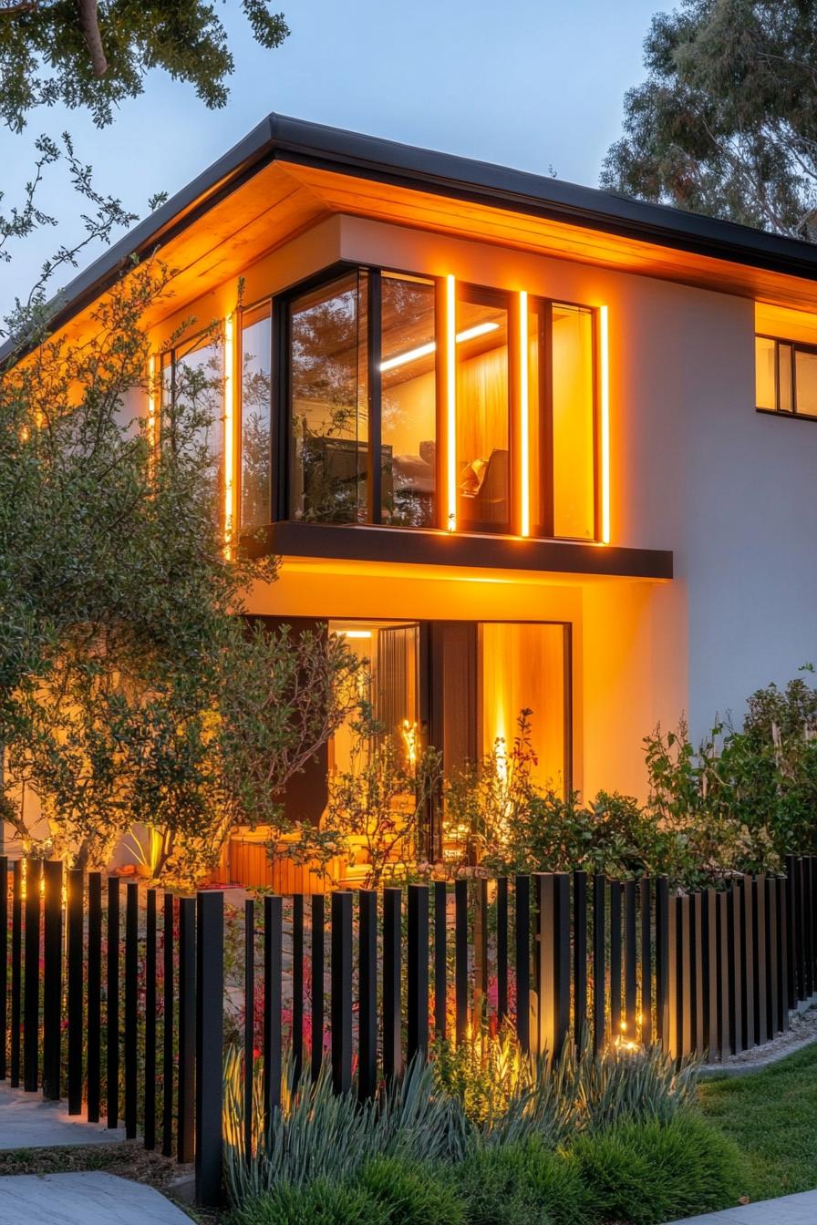 80s house exterior modern renovation facade with neon lights picket fence traditional front yard 1