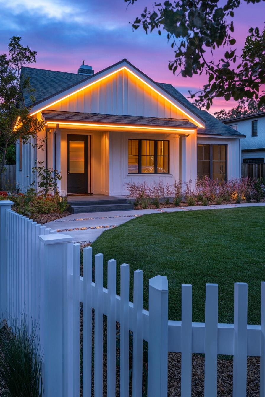 80s house exterior modern renovation facade with neon lights picket fence traditional front yard 2