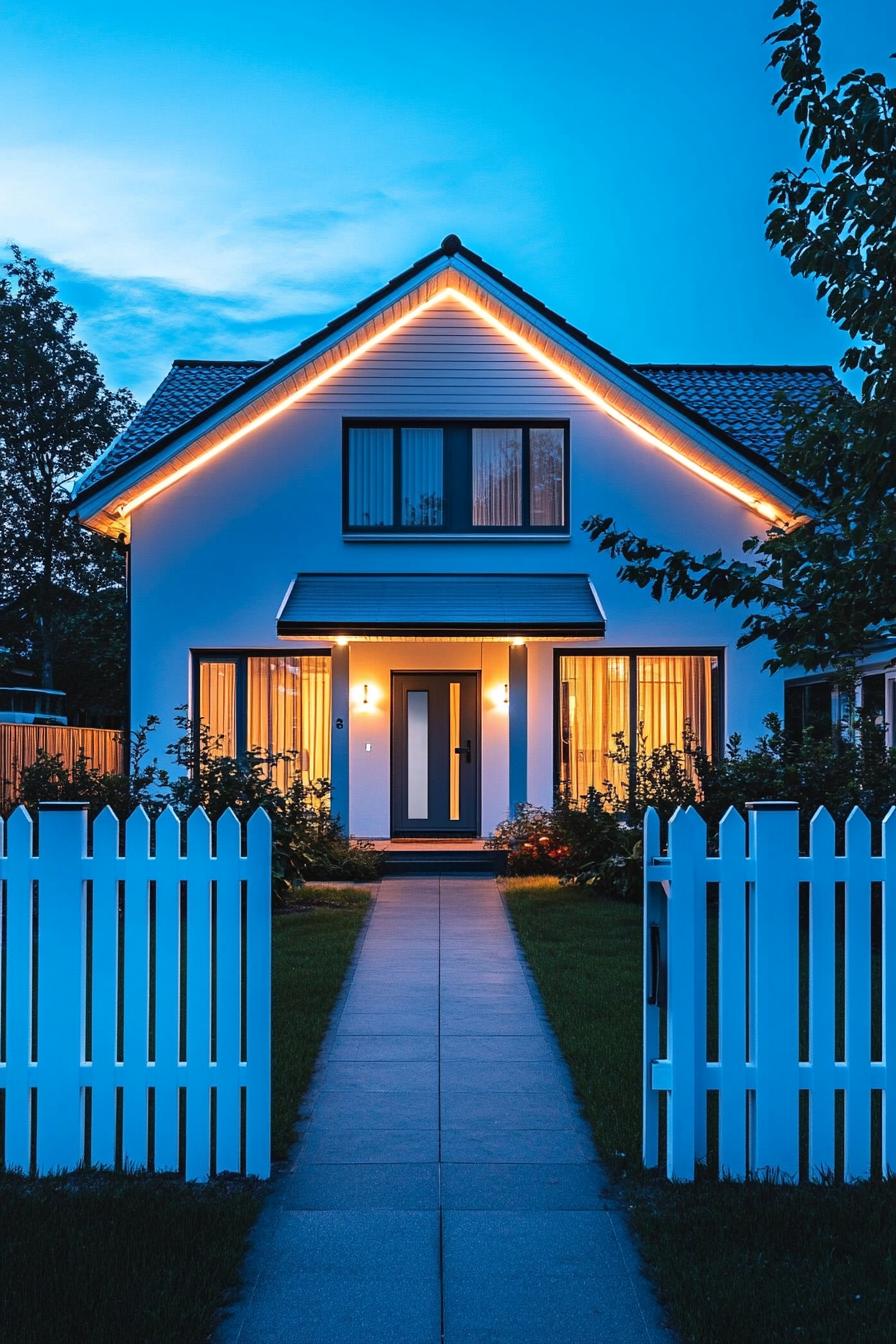 80s house exterior modern renovation facade with neon lights picket fence traditional front yard 3