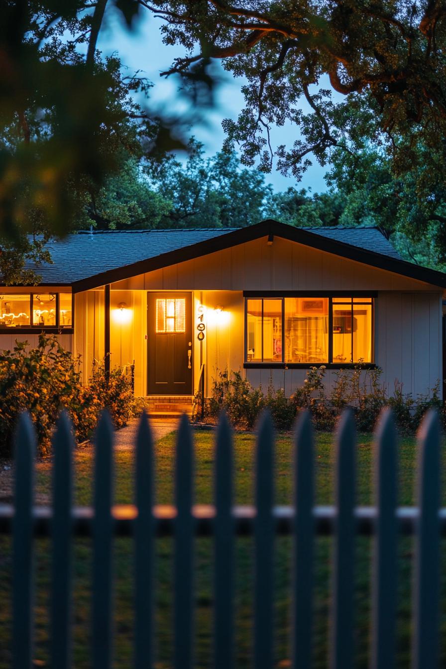 80s house exterior modern renovation facade with neon lights picket fence traditional front yard