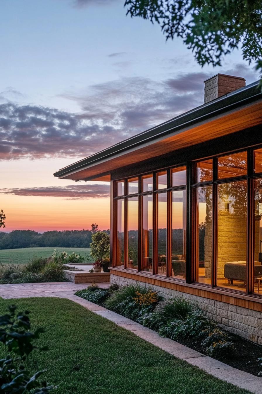 craftsman style mid century modern house with large windows with wooden frames on a farmland 1