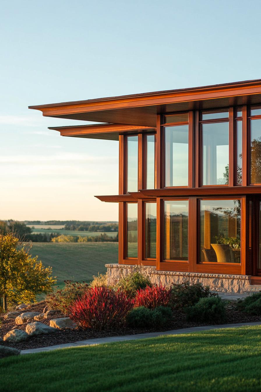 craftsman style mid century modern house with large windows with wooden frames on a farmland 2