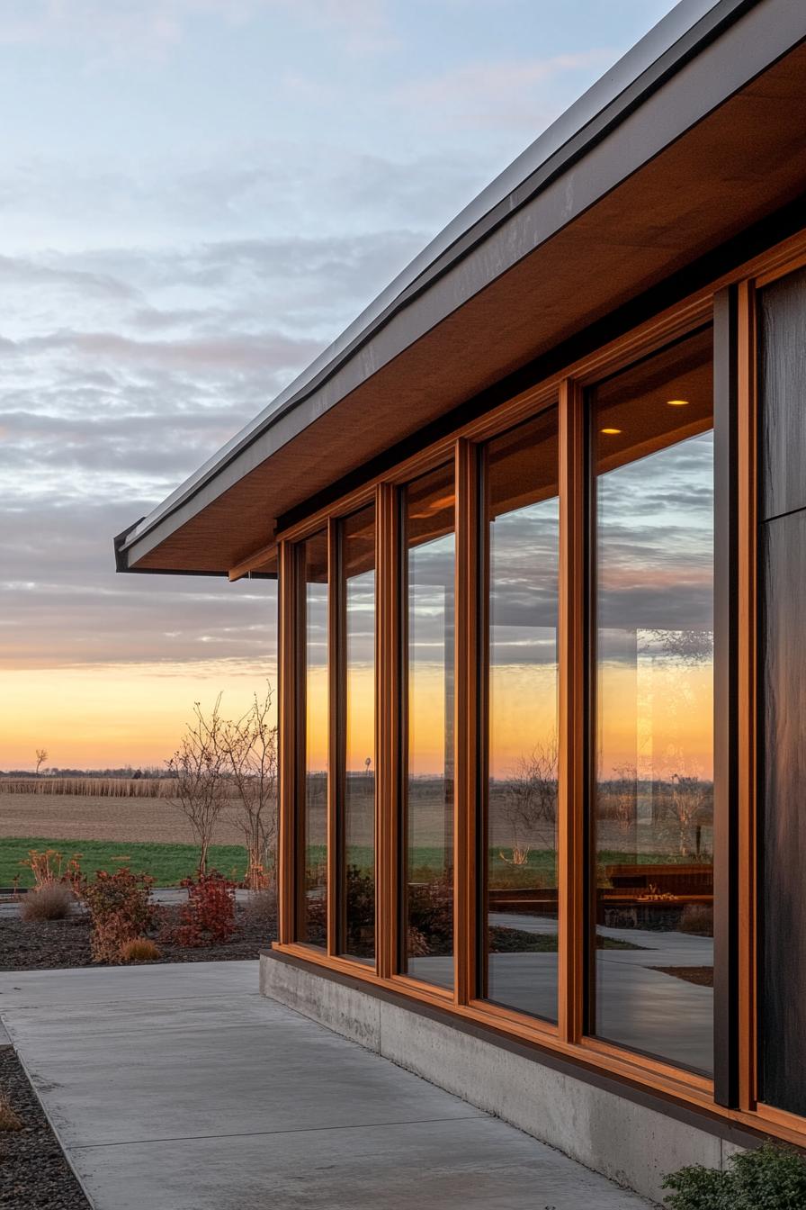 craftsman style mid century modern house with large windows with wooden frames on a farmland 3