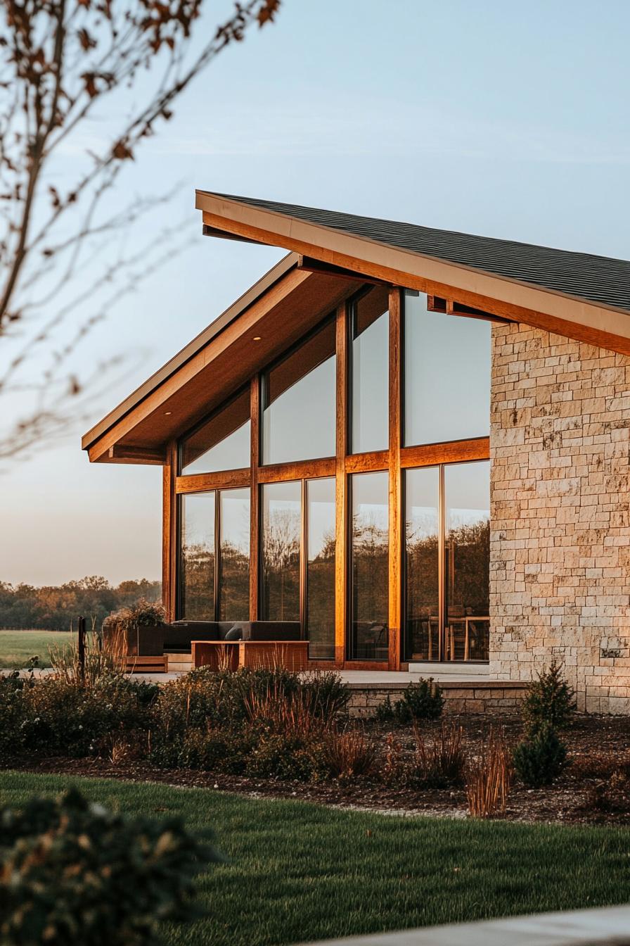 craftsman style mid century modern house with large windows with wooden frames on a farmland