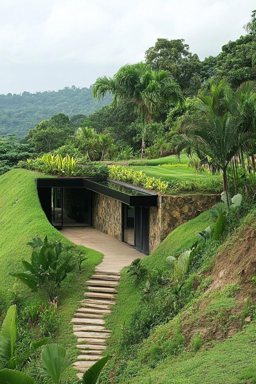 earth sheltered modern house built into hillside overlooking a tropical mountains 1