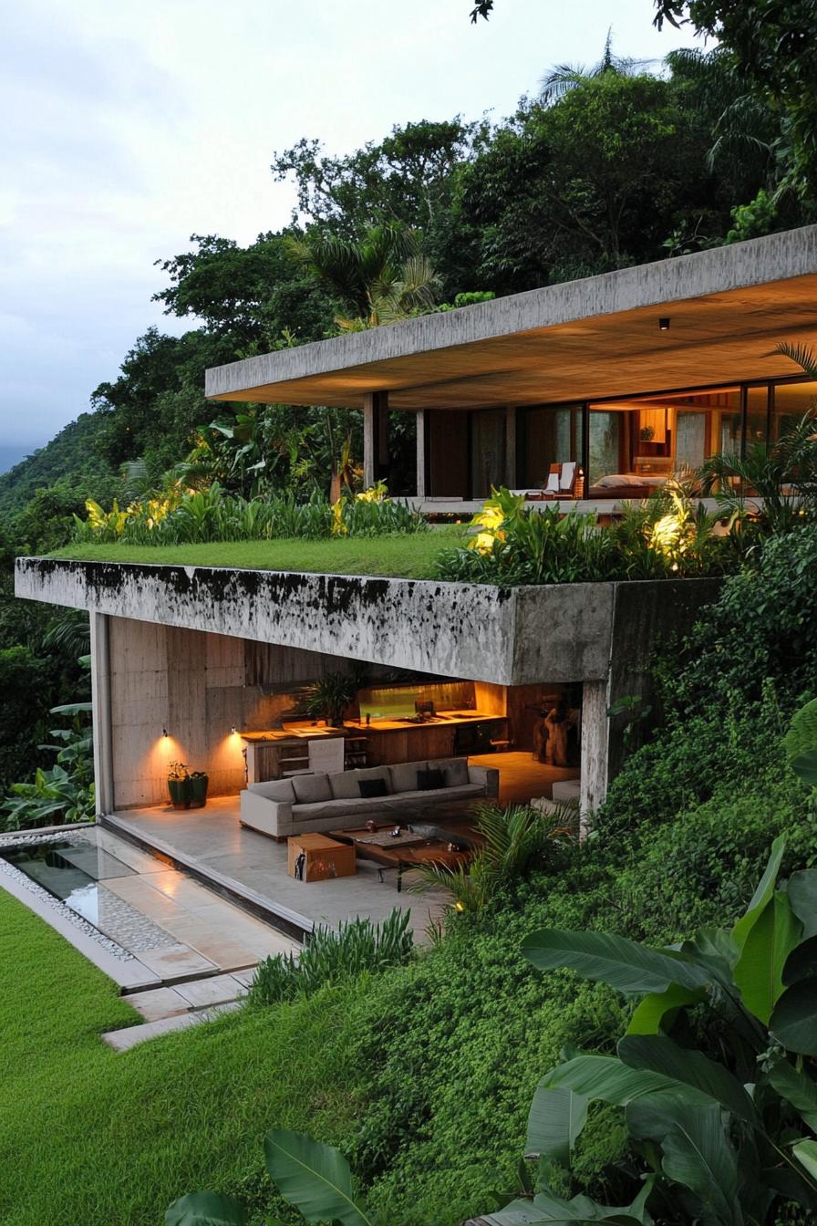 earth sheltered modern house built into hillside overlooking a tropical mountains 2