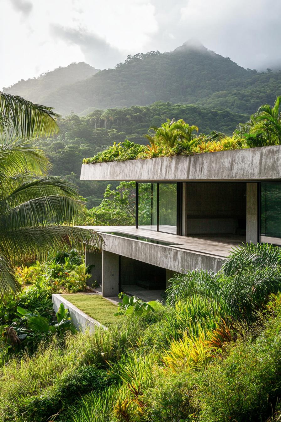 earth sheltered modern house built into hillside overlooking a tropical mountains 3