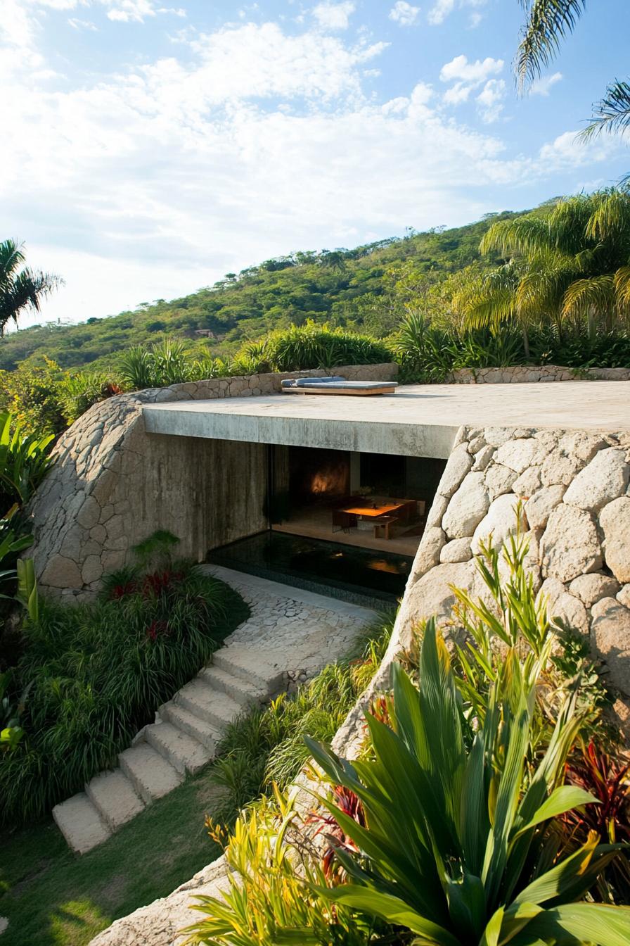 earth sheltered modern house built into hillside overlooking a tropical mountains