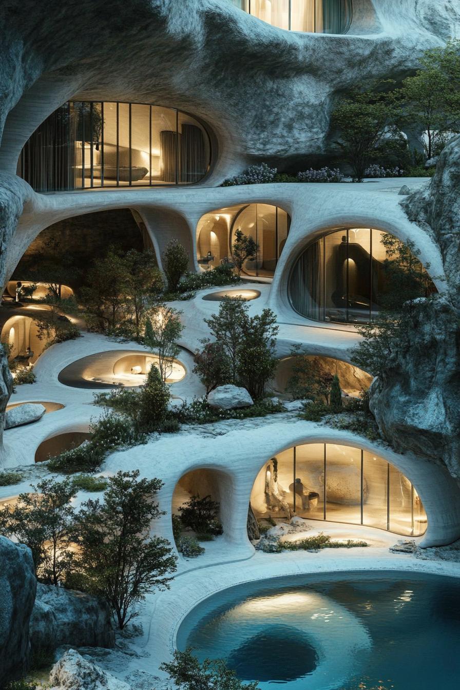 luxury futuristic mansion complex integrated in caves consisting of hundreds of eco pods view from near above 1