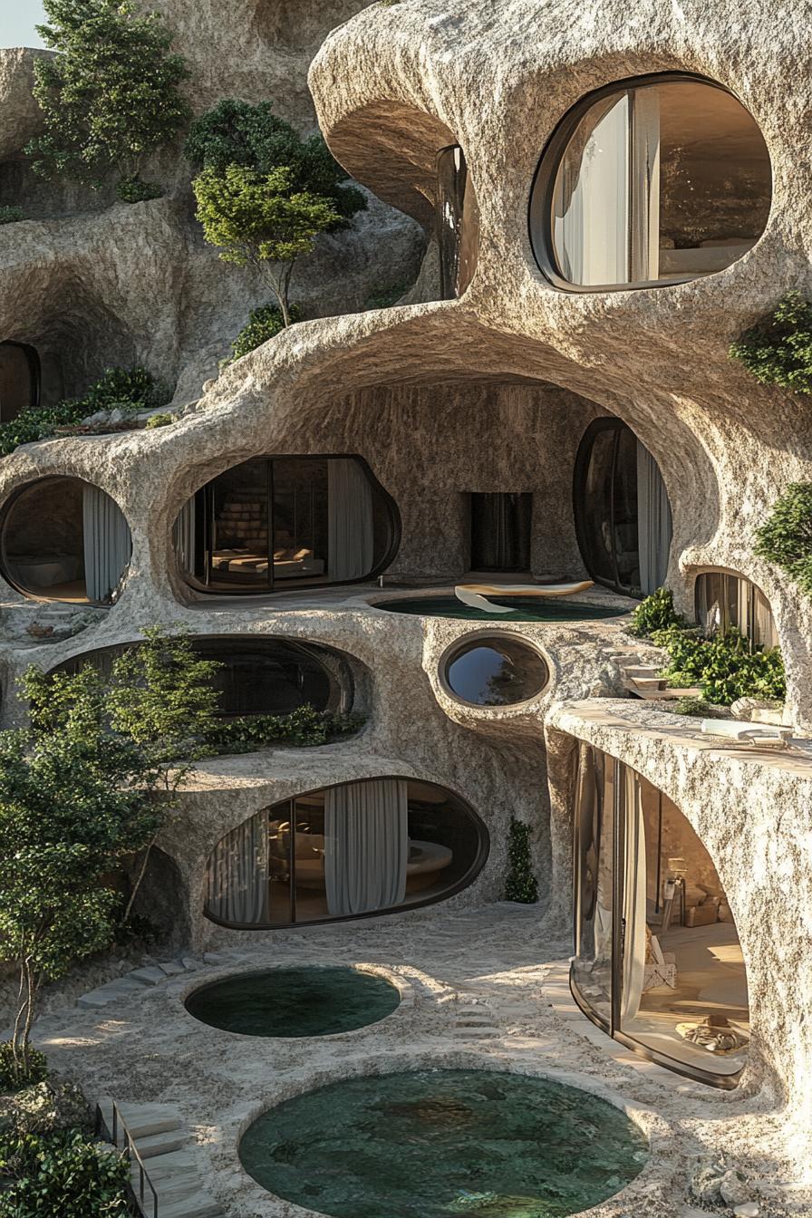 luxury futuristic mansion complex integrated in caves consisting of hundreds of eco pods view from near above 2