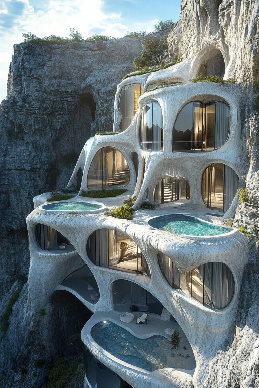 luxury futuristic mansion complex integrated in caves consisting of hundreds of eco pods view from near above 3