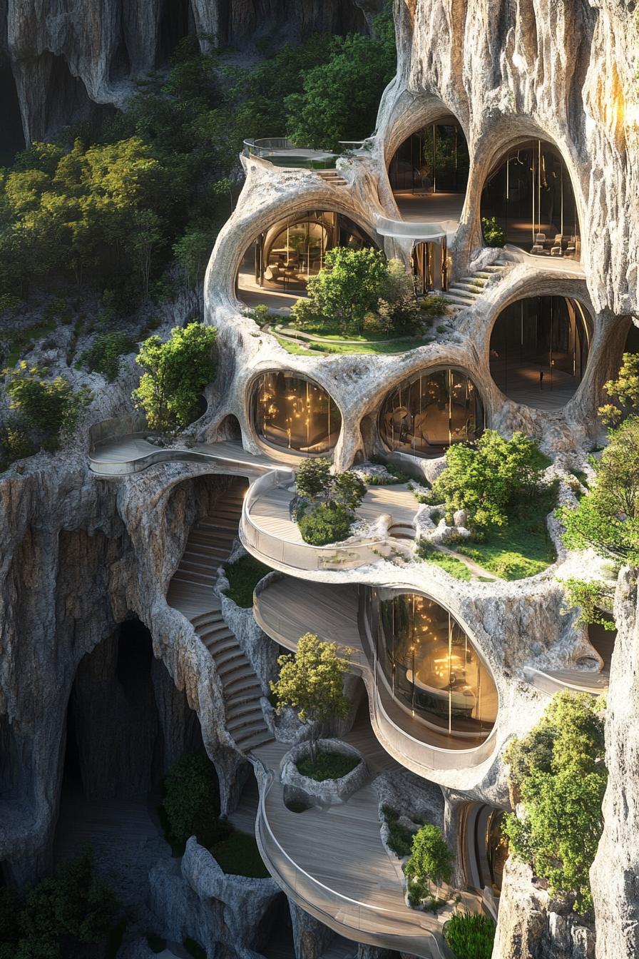 luxury futuristic mansion complex integrated in caves consisting of hundreds of eco pods view from near above