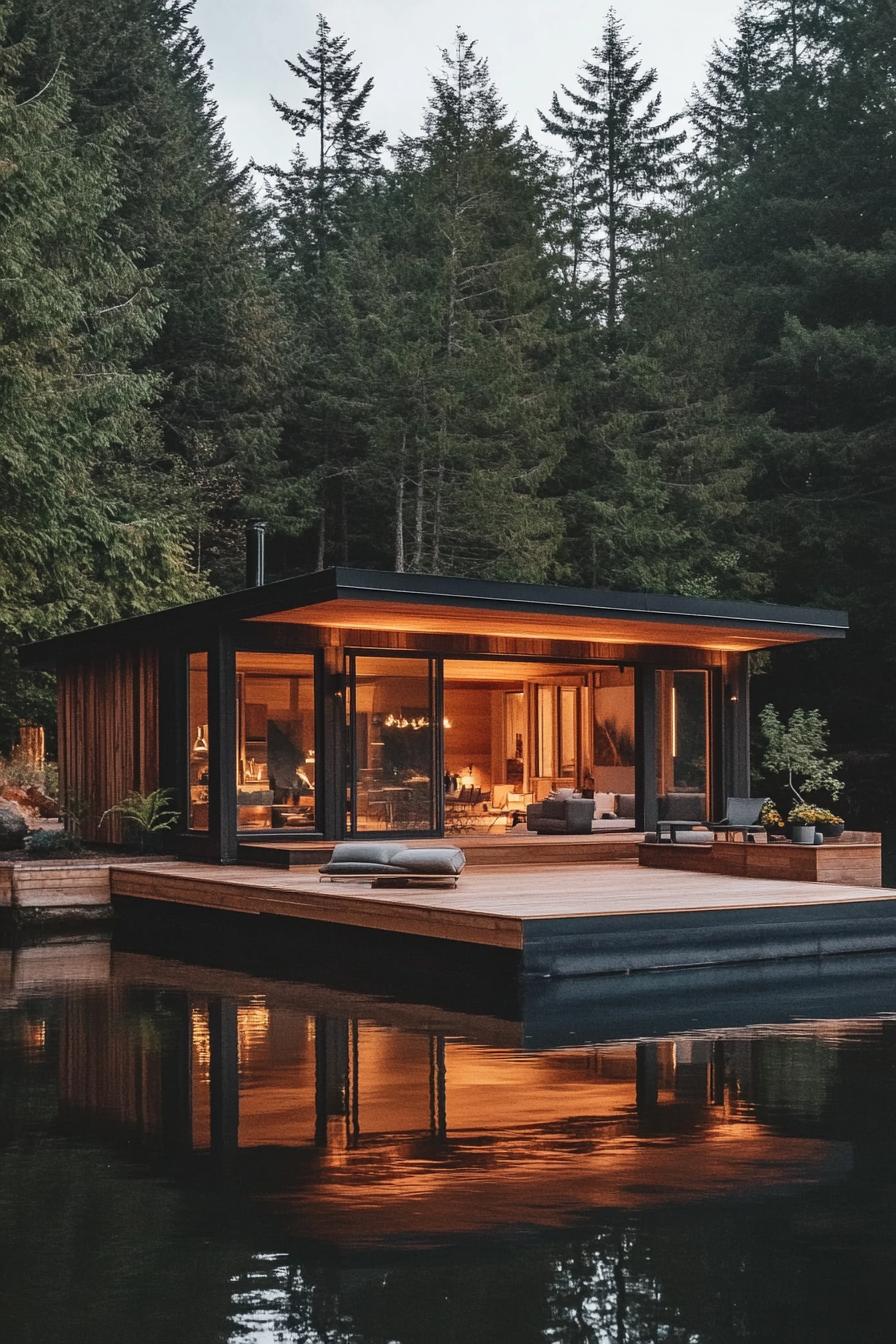 mid century modern cabin with expansive windows and sliding doors floating lake platform 1