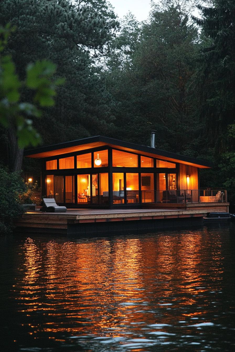 mid century modern cabin with expansive windows and sliding doors floating lake platform 2