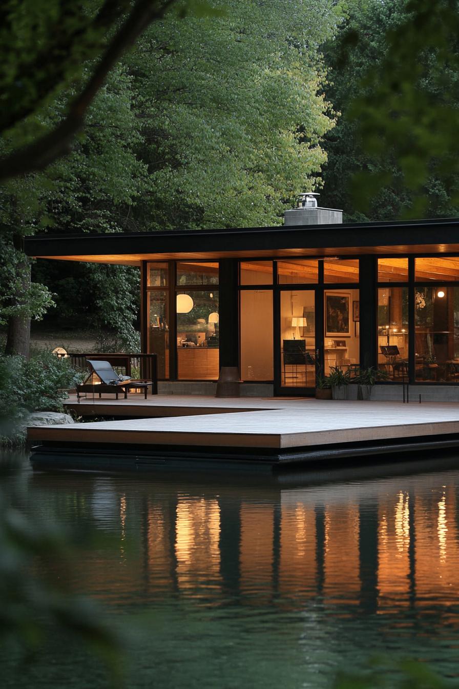 mid century modern cabin with expansive windows and sliding doors floating lake platform 3