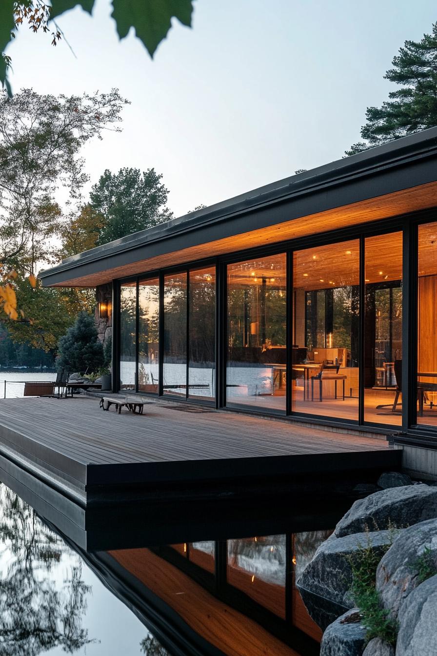 mid century modern cabin with expansive windows and sliding doors floating lake platform