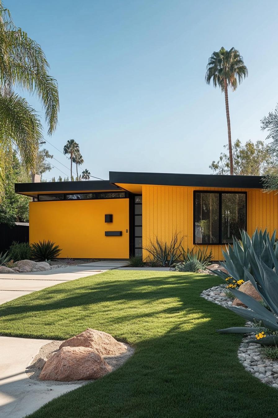 mid century modern house facade in mustard yellow color with charred accents 2