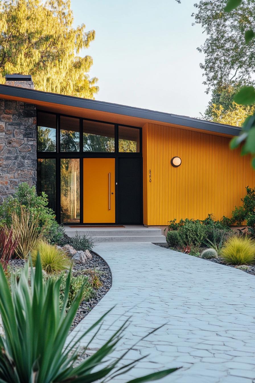 mid century modern house facade in mustard yellow color with charred accents 3