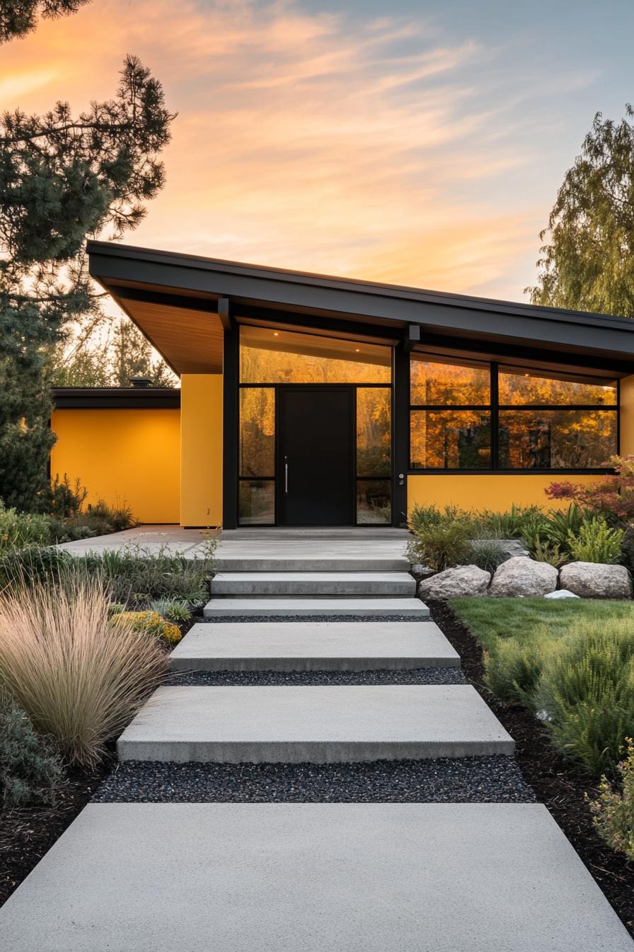 mid century modern house facade in mustard yellow color with charred accents