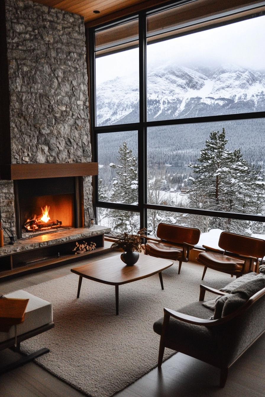 mid century modern lodge with stone fireplace Danish furniture large windows overlooking stunning snowy mountains 1