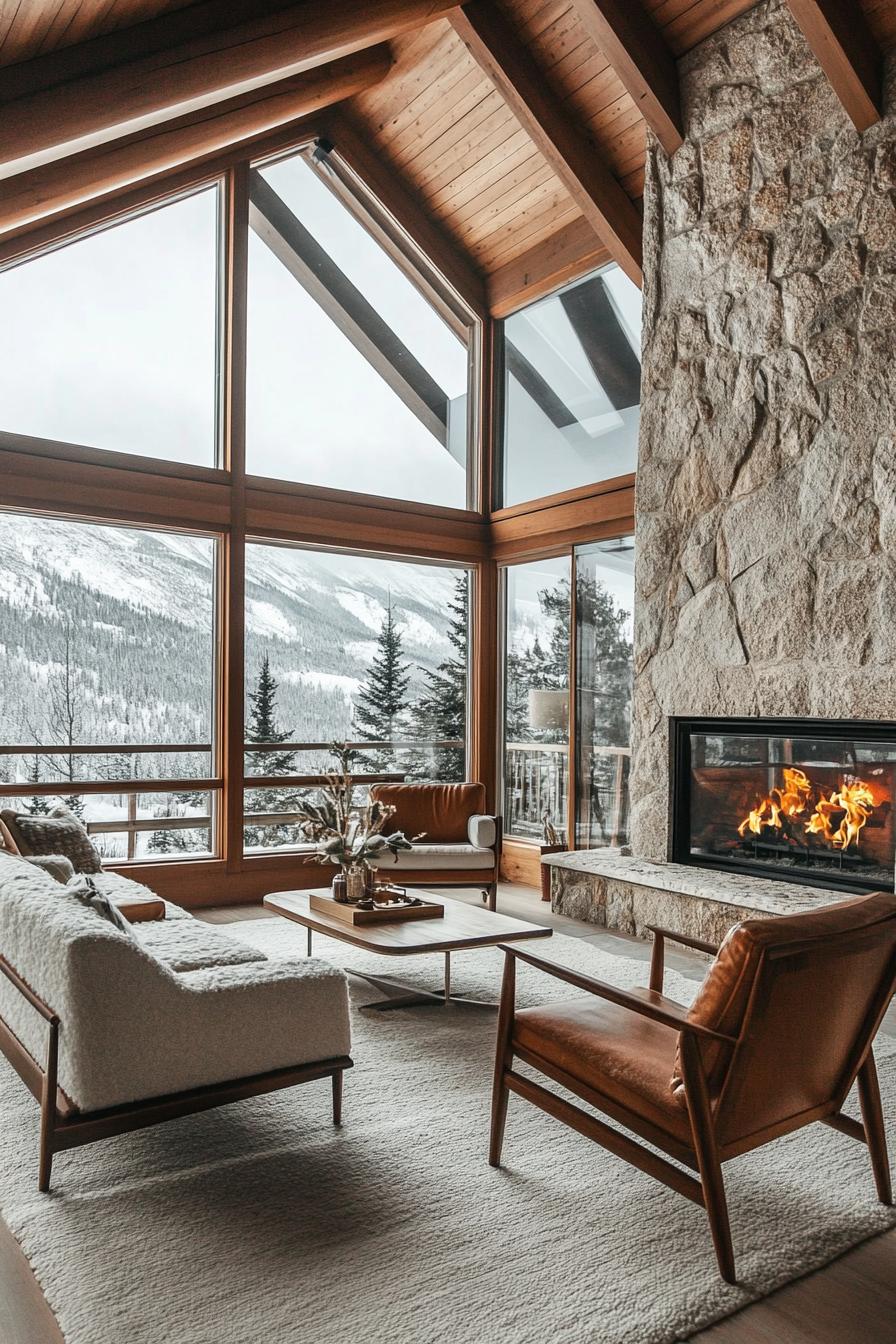 mid century modern lodge with stone fireplace Danish furniture large windows overlooking stunning snowy mountains 3