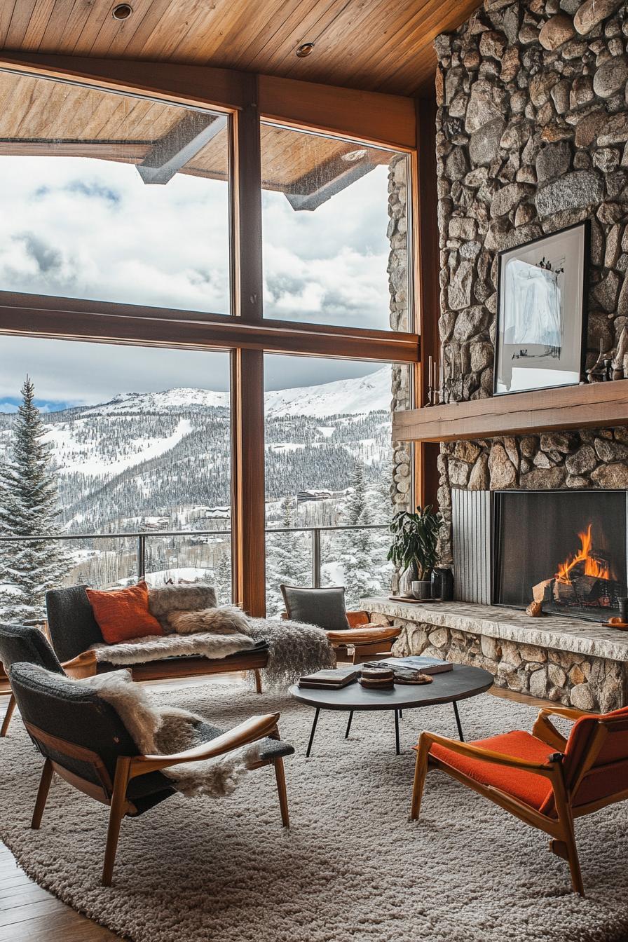 mid century modern lodge with stone fireplace Danish furniture large windows overlooking stunning snowy mountains