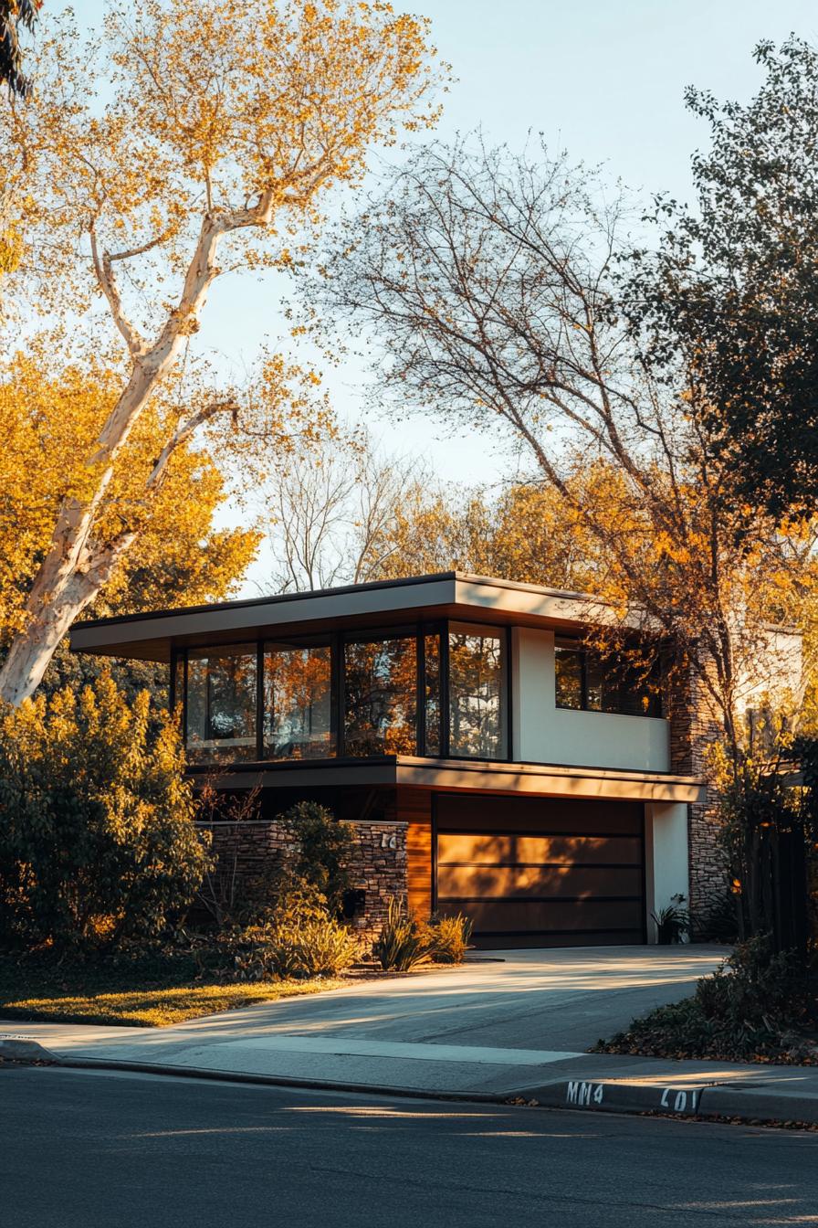 modern 70s style house exterior with flat roof and large eaves in suburban tree lined alley 1