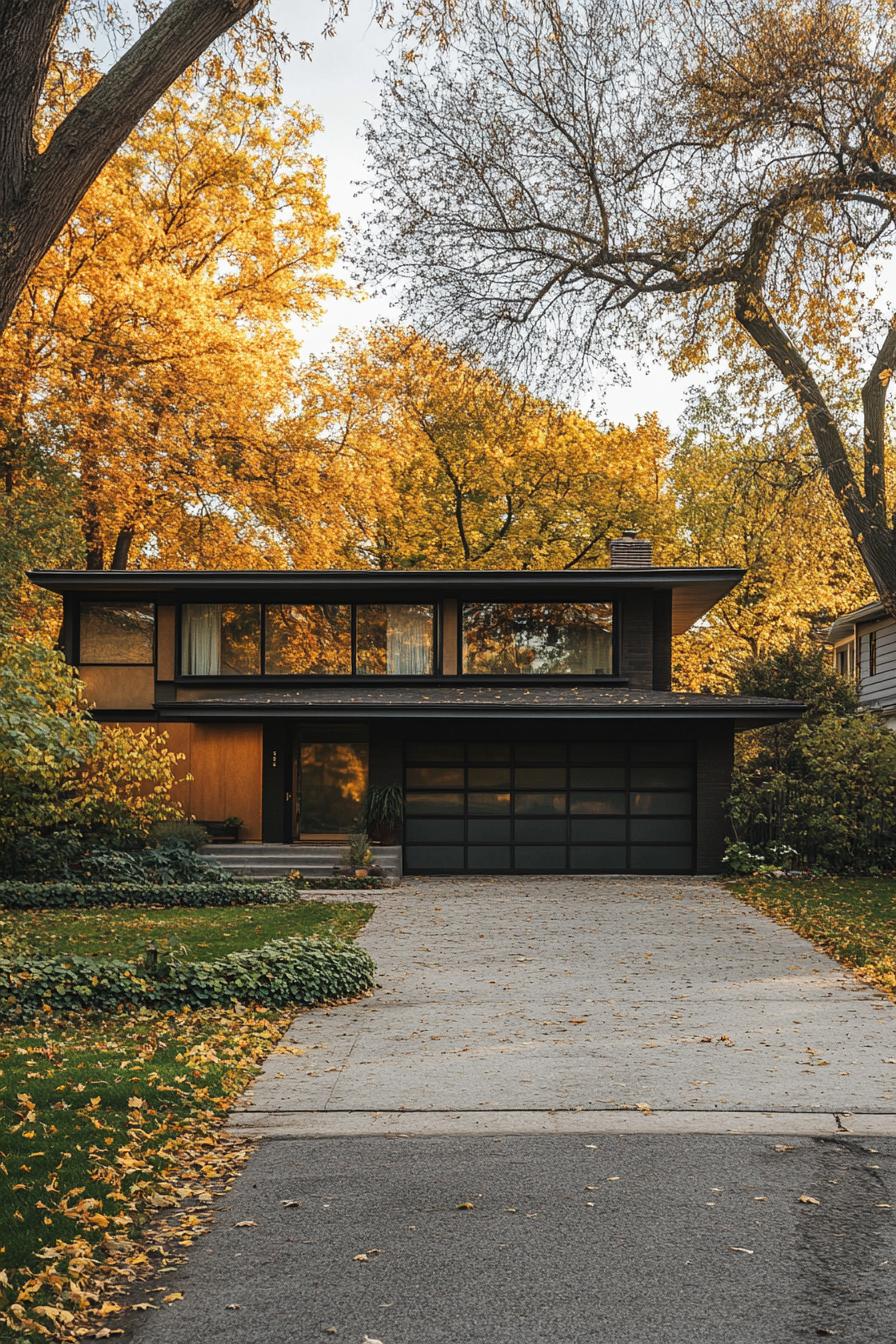 modern 70s style house exterior with flat roof and large eaves in suburban tree lined alley 2