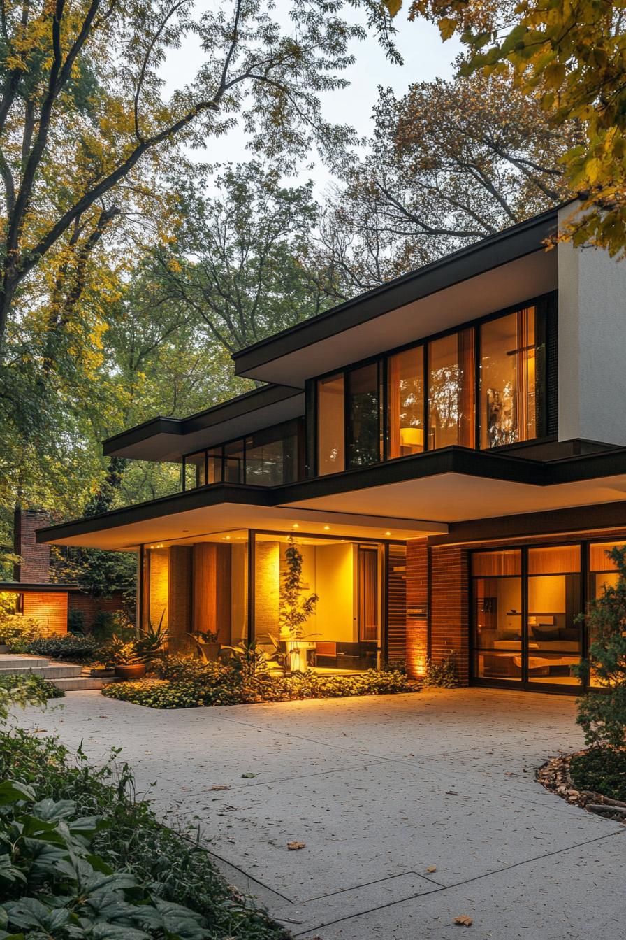 modern 70s style house exterior with flat roof and large eaves in suburban tree lined alley 3