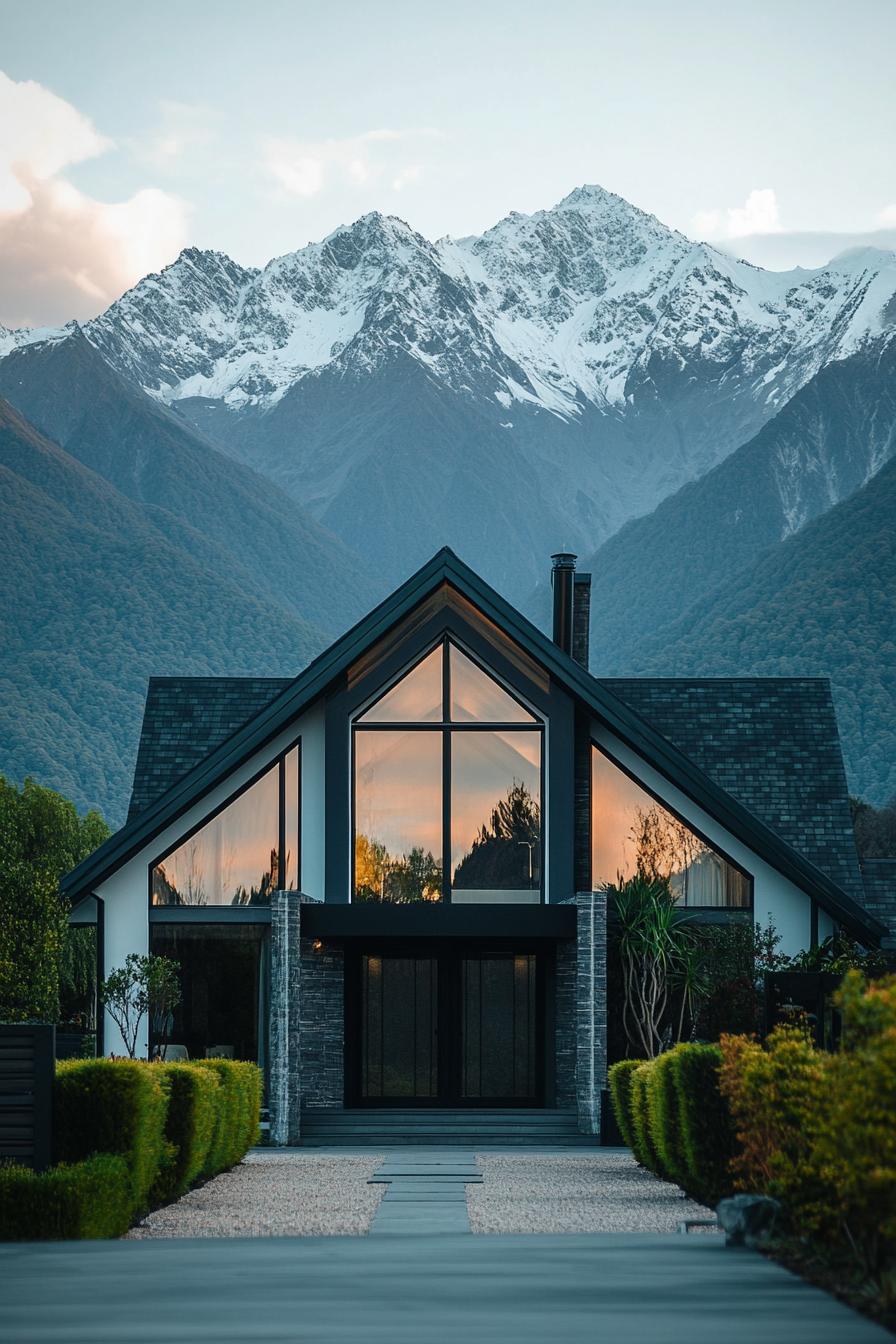 modern 90s style house facade with geometric windows stunning mountains in the background 1