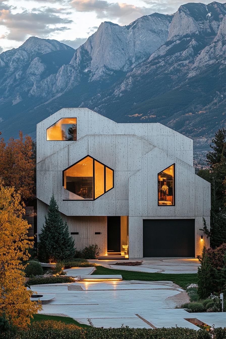 modern 90s style house facade with geometric windows stunning mountains in the background 2