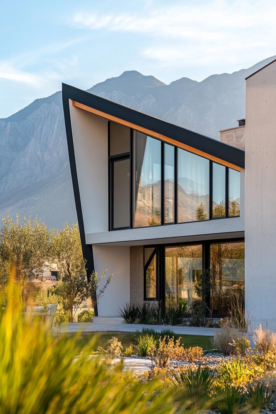 modern 90s style house facade with geometric windows stunning mountains in the background 3