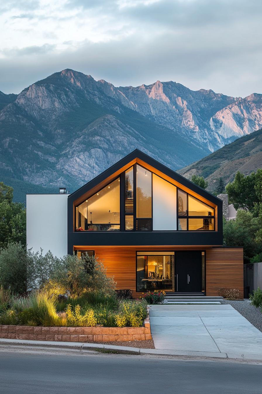 modern 90s style house facade with geometric windows stunning mountains in the background