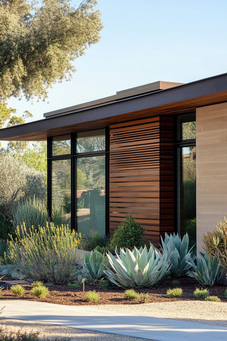 modern California house facade with horizontal wood slats and steel trim in beautiful Californian landscape 1