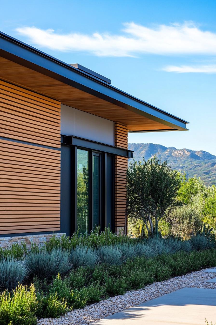 modern California house facade with horizontal wood slats and steel trim in beautiful Californian landscape 2