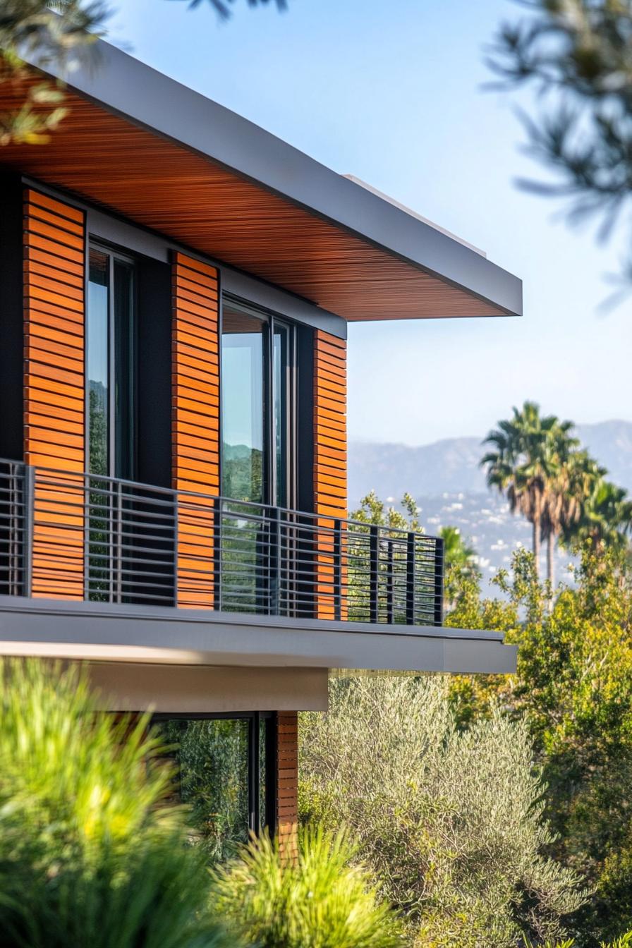 modern California house facade with horizontal wood slats and steel trim in beautiful Californian landscape