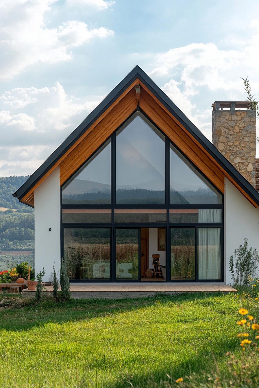 modern French chalet house A frame facade with panoramic windows green provencal fields in the background 1